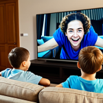 **

"A group of fully clothed, cheerful children are engrossed in watching 'Turning Mecard' on a large screen in a cozy living room. The scene is warmly lit, with soft, comfortable furniture. Focus on their expressions of joy and excitement, modest clothing, safe for work, appropriate content, perfect anatomy, natural proportions, family-friendly."

**