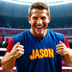 **

"A cheerful and determined Jason from Turning Mecard, fully clothed in his signature outfit, battling a powerful Mecardimal in a vibrant arena, safe for work, appropriate content, professional, modest, family-friendly, perfect anatomy, correct proportions, natural pose, well-formed hands, proper finger count, natural body proportions."

**
